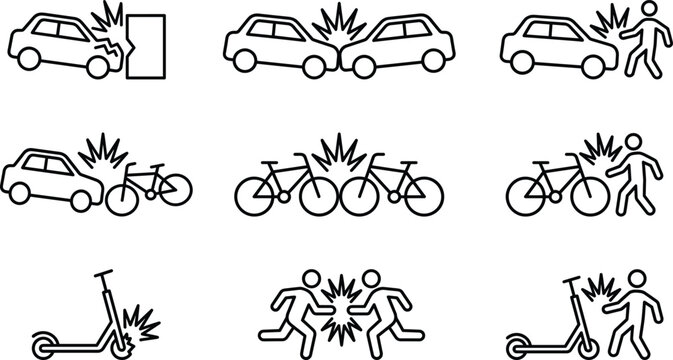 Traffic accident and collision icon set illustrating car bicycle scooter pedestrian crashes isolated on white background safety symbols vector design