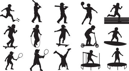 A collection of black silhouettes of people engaging in various sports and activities