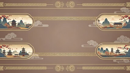 Elegant asian inspired background with landscape illustrations and decorative borders