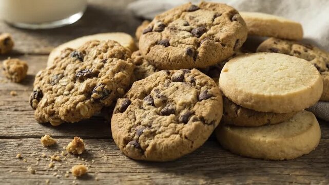 A delightful assortment of freshly baked cookies, including classic chocolate chip, wholesome oatmeal raisin, and delicate shortbread varieties, rests invitingly on a rustic wooden tabletop. A blurred