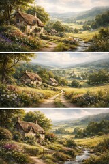 Romantic British Countryside Landscape Illustration