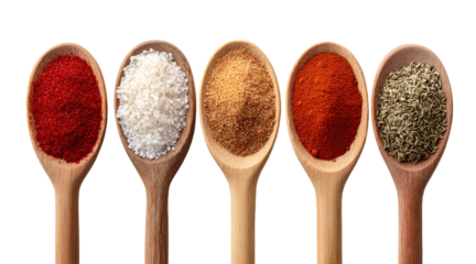 Five wooden spoons filled with colorful spices and salt arranged in a row isolated on a transparent background