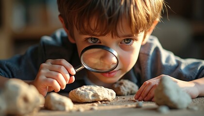 Young boy with magnifying glass examines rocks and stones. Child studies details of fossils and minerals with intense concentration. Kid explores earth science hobby indoors.