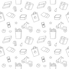 Seamless Delivery Pattern with Hand Drawn Line Icons in Black and White