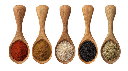 Five wooden spoons filled with assorted colorful spices and seasonings isolated on a transparent background