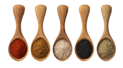 Five wooden spoons filled with assorted colorful spices and seasonings isolated on a transparent background