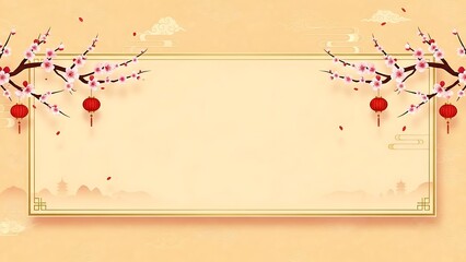 Elegant banner design with flowering branches and festive red lanterns on a soft backdrop