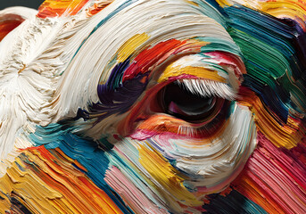 Vibrant abstract close-up of an cow eye with textured colorful paint strokes in oil impasto style
