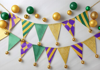 Mardi Gras banner decoration with green, purple, and gold fabric triangles and baubles on white background