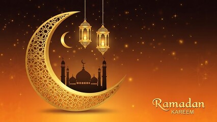 Golden crescent moon lanterns and mosque silhouette for ramadan kareem celebrations