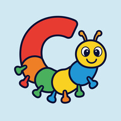 Obraz premium Cute colorful cartoon caterpillar with cheerful face on light blue background