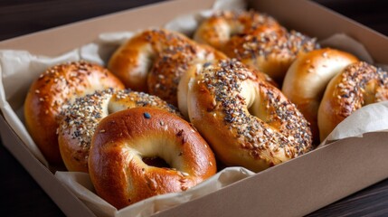 A delightful assortment of freshly baked bagels sits in a rustic box, each topped with seeds and spices. The warm golden hues and inviting scents create a cozy bakery atmosphere