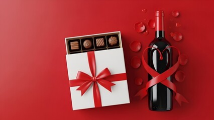 Fototapeta premium Gift wrapped wine bottle and chocolate box on red background with bows and water droplets.