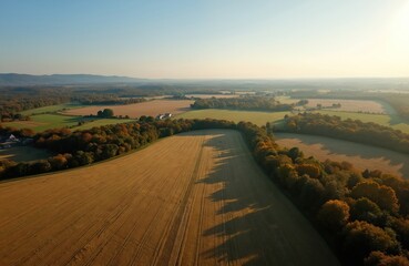 Golden wheat field meets autumn forest in aerial view. Farms and trees dot rolling hills under hazy sunset sky. Rural landscape stretches to distant mountains.