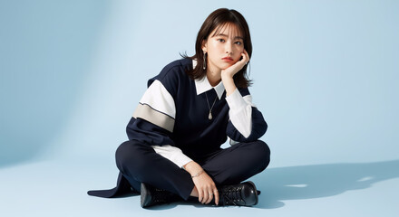 頬杖をついて胡座で座る退屈そうな若い女性。アジア人、日本人