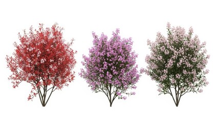 Fototapeta premium Three Colorful Trees Isolated on White, Spring Season Concept, Floral Background