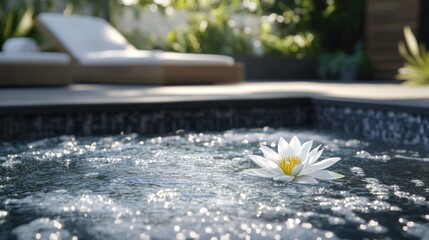 Tranquil lotus flower in bubbling hot tub spa, sunlit backyard