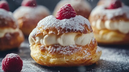 Cream filled raspberry pastry dusted with powdered sugar