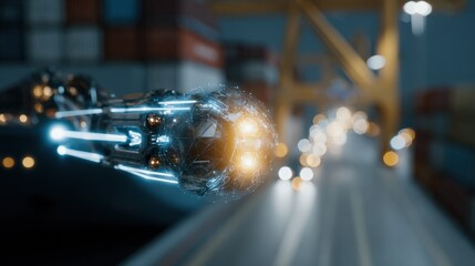 Close medium shot of an advanced AI algorithm processing diverse cargo load variables with indistinct outoffocus transport vehicles in the backdrop.