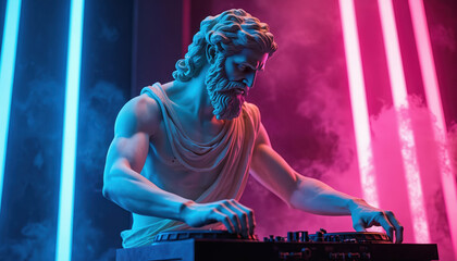 Ancient Greek god statue DJs with turntables under neon lights. Marble sculpture mixes classical art with modern nightclub atmosphere, playing electronic music for parties.