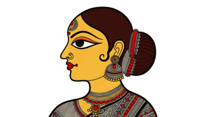 A beautiful traditional profile portrait of an indian woman painted in madhubani folk art style isolated on transparent background