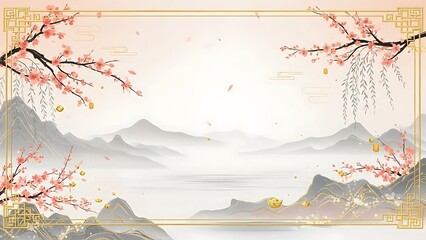 Elegant oriental landscape with blooming cherry blossoms and mountains
