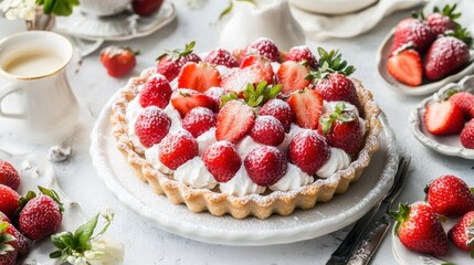 Fresh Strawberry Cream Tart Topped with Powdered Sugar