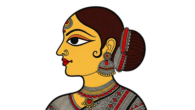 A beautiful traditional profile portrait of an indian woman painted in madhubani folk art style isolated on transparent background