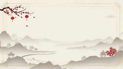 Elegant oriental landscape with mountain scene and cherry blossoms illustration