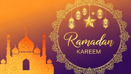 Golden ramadan kareem celebration with mosque lanterns and ornate frame design