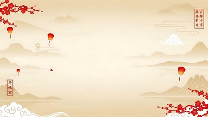 Elegant oriental landscape with red lanterns and floral accents copy space