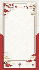 Elegant oriental style border design with red floral and cloud motifs