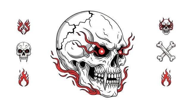 A cracked skull illustration with red eyes and flames, surrounded by related symbols and icons on a white background