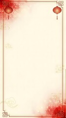 Elegant oriental style frame with lanterns and red accents on a cream background