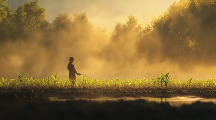 Silhouette farmer tending young corn field at misty sunrise