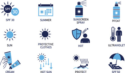 Sun protection and sunscreen icons set, SPF skincare summer safety symbols, flat vector illustration for ultraviolet protection health awareness design