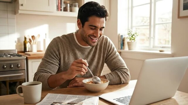 A focused young adult man enjoys his breakfast cereal and coffee at a bright, sunlit kitchen table, simultaneously engaging with a laptop. Bathed in warm natural light, the scene evokes a sense of mod