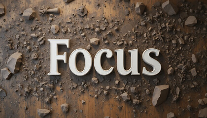 White focus text on wooden background with scattered rocks and debris white text