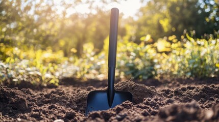 Shovel Standing Upright in Garden Soil