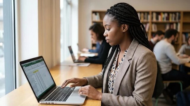 A focused young professional woman is deeply engrossed in her work on a modern laptop, displaying what appears to be a spreadsheet or data analysis application. She sits attentively at a wooden table 