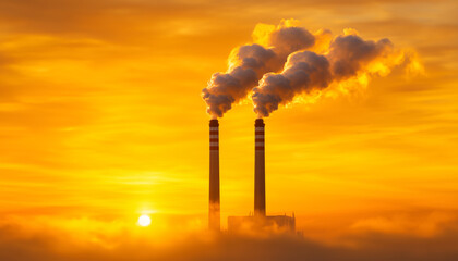 Obraz premium Industrial Emissions against the Sun Chimneys spew billowing smoke into a fiery sky, presenting a stark contrast between industry and the environment.