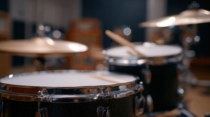 Medium close shot of a starter drum kit with the central snare and hihat crisply detailed while other components remain softly out of focus conveying learning basics.