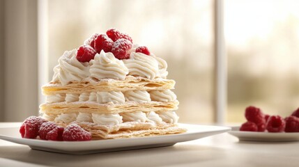 Vanilla Bean Mille-feuille with Cream and Raspberries
