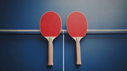 Two Ping Pong Paddles Crossed Over Table Tennis Net
