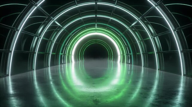 Futuristic tunnel with glowing green neon lights and a reflective floor viewed from the entrance