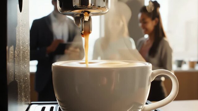 Office Coffee Machine Pouring Hot Coffee in Corporate Breakroom - AI Generated
