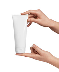Human hands present a plain white flip-top cosmetic tube on a neutral background, isolated studio mockup ideal for skincare or beauty product branding and advertising templates