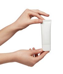 Person's hands holding a blank white plastic tube, offering space for product branding, ideal for showcasing beauty, skin care, or medical cream packaging concepts