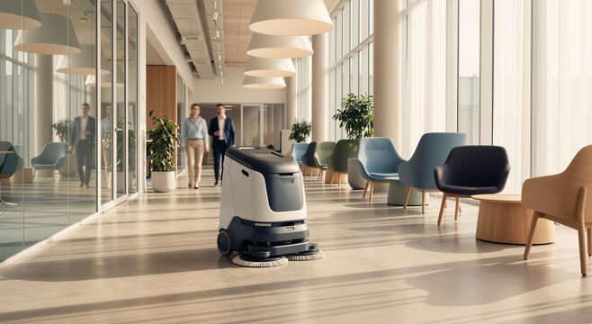 Autonomous Robotic Floor Scrubber Cleaning in a Modern Corporate Office Building Lobby