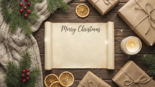 A heartwarming, top-down view of a festive winter arrangement, featuring a vintage parchment scroll inscribed with 'Merry Christmas'. The aged paper offers ample blank space below for personalized tex